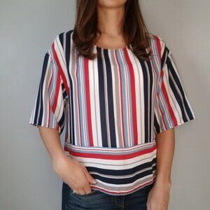 W5 Anthropologie Red White Blue Tan Striped Blouse Women's Size Small